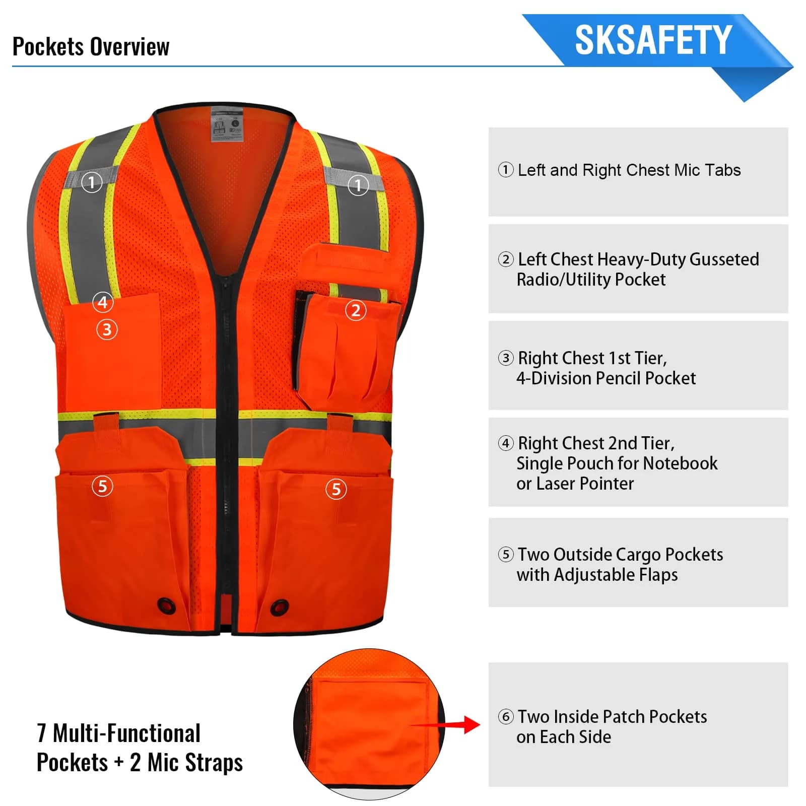 SKSAFETY Professional Class 2 Safety Vest Orange 2XL | ANSI/ISEA 107-2020 Compliant Hi-Vis Mesh - view 4