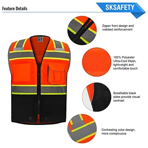 SKSAFETY Professional Safety Vest, Class 2 Hi Vis Vest with Reflective Strips, ANSI/ISEA Standard (Orange, Medium) thumbnail 5