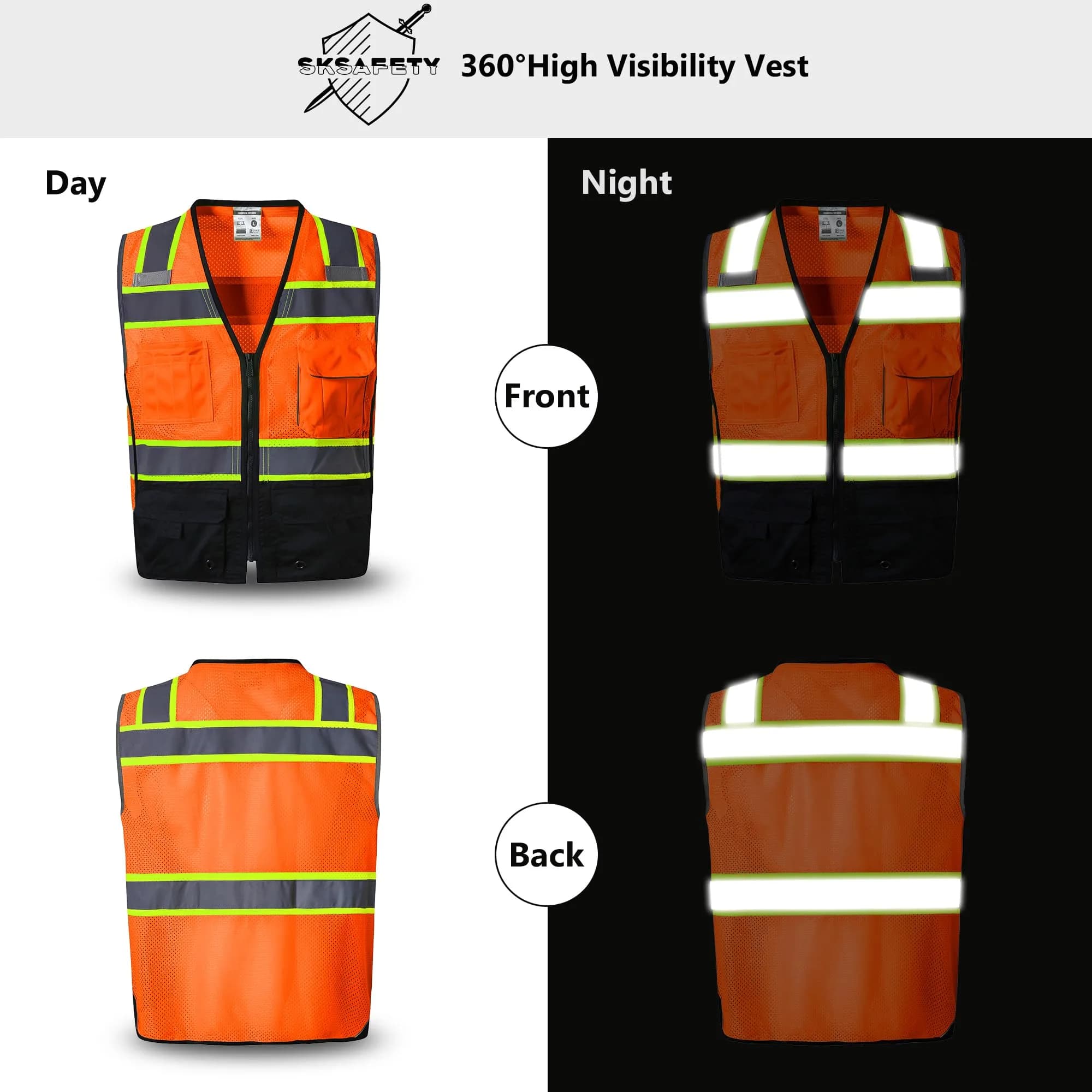 SKSAFETY Professional Safety Vest, Class 2 Hi Vis Vest with Reflective Strips, ANSI/ISEA Standard (Orange, Medium) - view 2