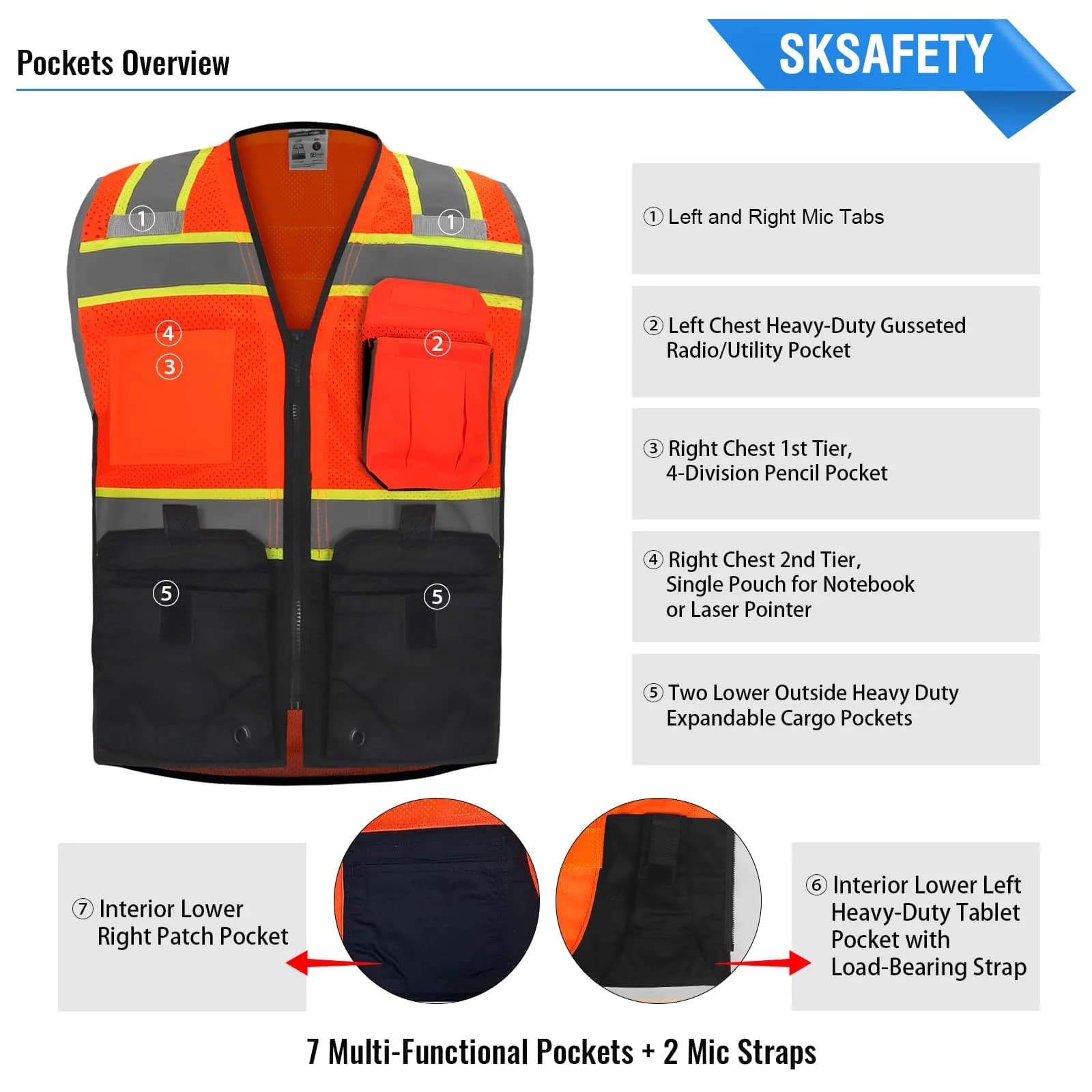 SKSAFETY Professional Safety Vest, Class 2 Hi Vis Vest with Reflective Strips, ANSI/ISEA Standard (Orange, Medium) - view 3