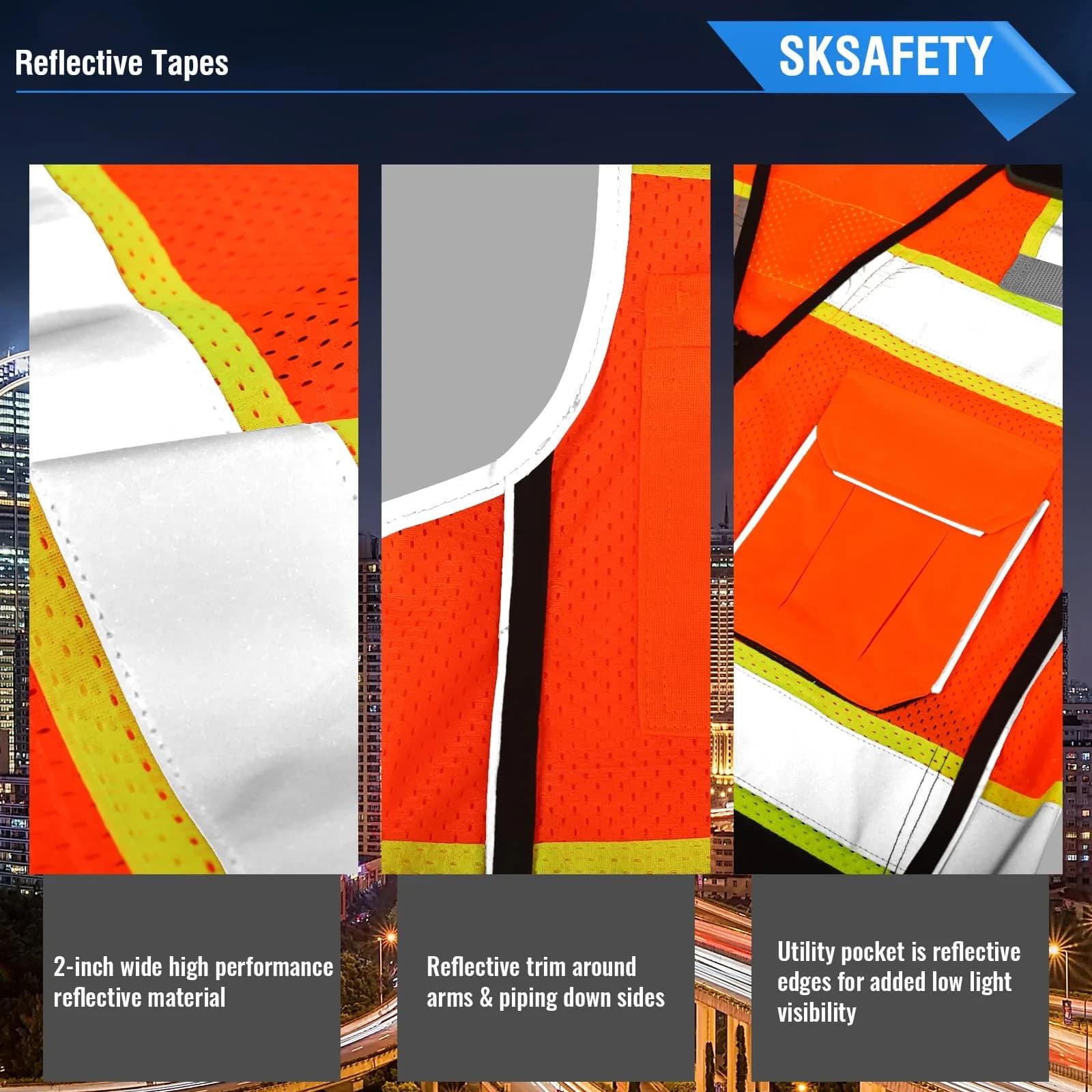 SKSAFETY Professional Safety Vest, Class 2 Hi Vis Vest with Reflective Strips, ANSI/ISEA Standard (Orange, Medium) - view 4