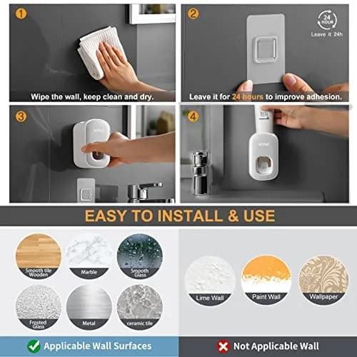 MOPMS Automatic Toothpaste Dispenser Wall Mounted for Bathroom - Grey 2-Pack | Hygienic & Hands-Free Dispensing thumbnail 5