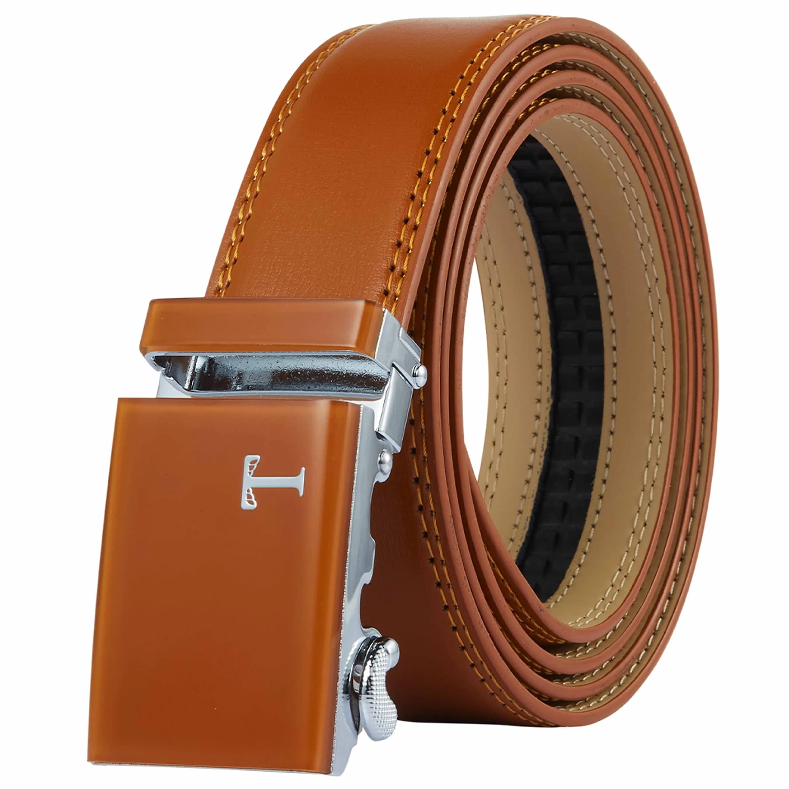 Tonywell Belt Mens Leather Ratchet Belt with Automatic 40mm Buckle | Adjustable & Durable — Light Brown Leather&light Brown Buckle