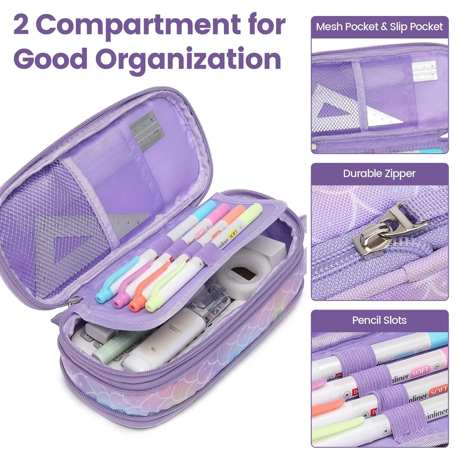 Bagseri Expandable Pencil Case for Girls | Purple Mermaid Scale Large Capacity Pouch Organizer (23cm x 11.6cm x 3.6cm) - view 5