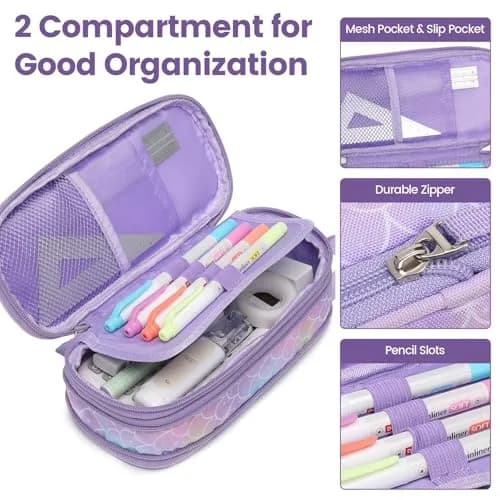 Bagseri Expandable Pencil Case for Girls | Purple Mermaid Scale Large Capacity Pouch Organizer (23cm x 11.6cm x 3.6cm) thumbnail 5