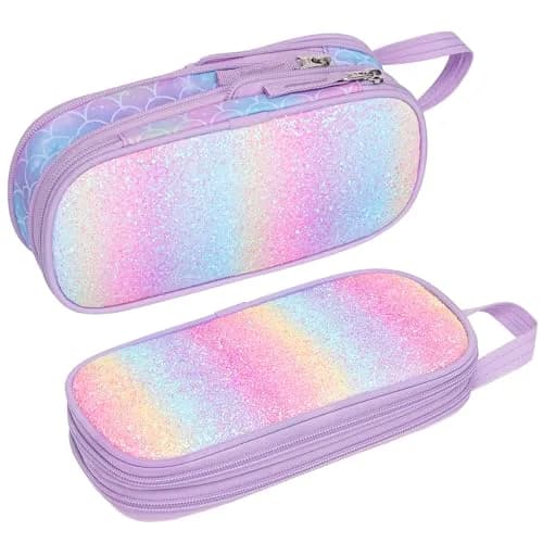Bagseri Expandable Pencil Case for Girls | Purple Mermaid Scale Large Capacity Pouch Organizer (23cm x 11.6cm x 3.6cm) thumbnail 1