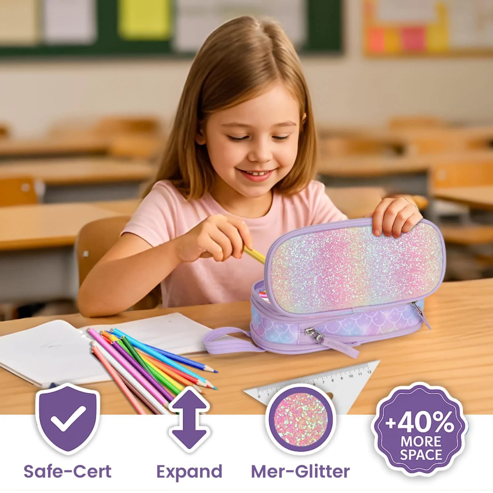 Bagseri Expandable Pencil Case for Girls | Purple Mermaid Scale Large Capacity Pouch Organizer (23cm x 11.6cm x 3.6cm) - view 2