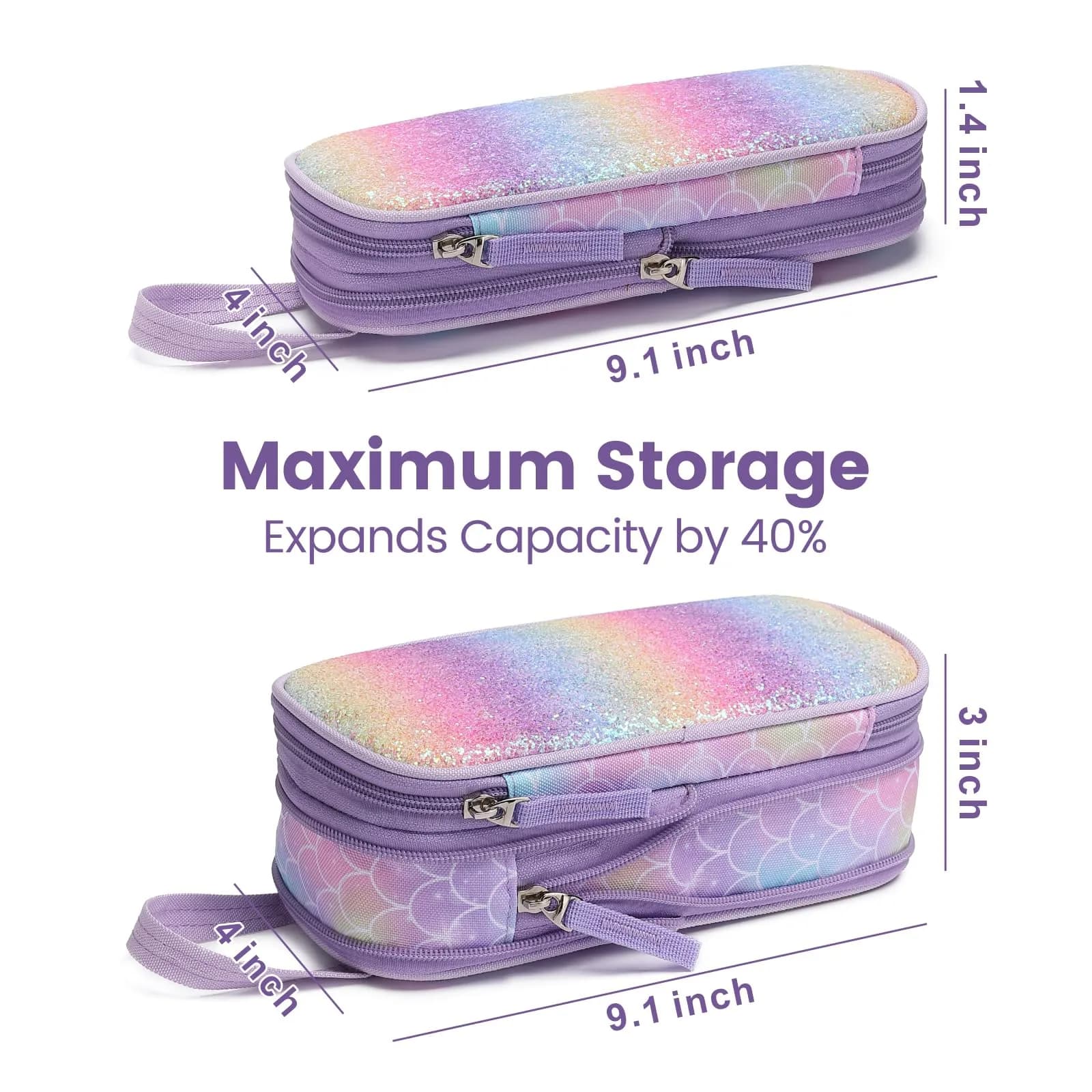 Bagseri Expandable Pencil Case for Girls | Purple Mermaid Scale Large Capacity Pouch Organizer (23cm x 11.6cm x 3.6cm) - view 3
