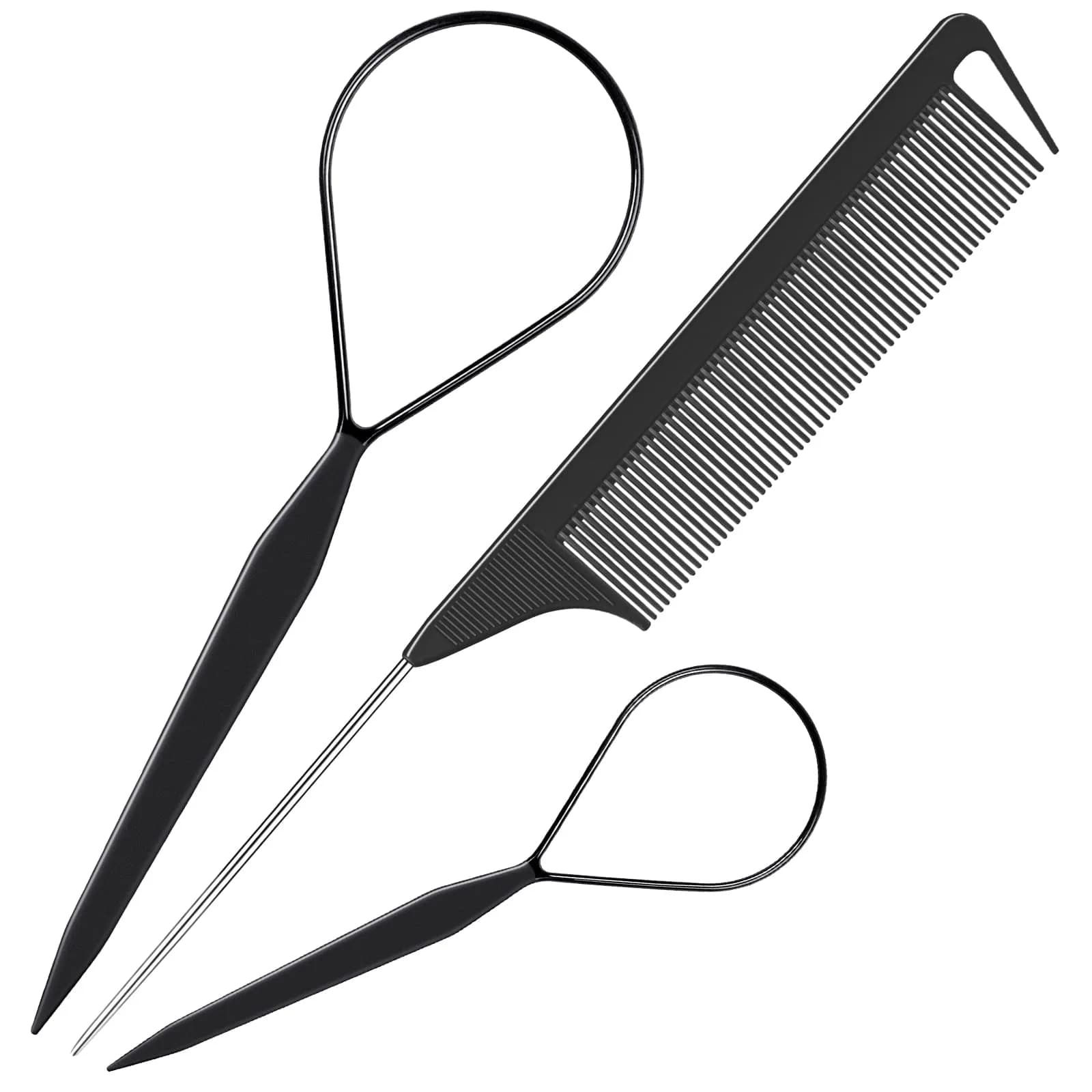TsMADDTs 3Pack Hair Styling Tools Set with French Braid Loop, Rat Tail Comb, and Metal Pin Tail Comb | Effortless Braiding & Updos — C-Black