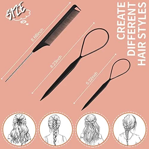 TsMADDTs 3Pack Hair Styling Tools Set with French Braid Loop, Rat Tail Comb, and Metal Pin Tail Comb | Effortless Braiding & Updos thumbnail 2