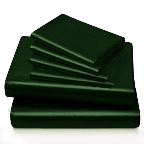Horbaunal 6 Piece Queen Satin Sheet Set Emerald Green | 203cm x 152cm (80" x 60") + 4 Pillowcases 51cm x 76cm (20" x 30") thumbnail 4