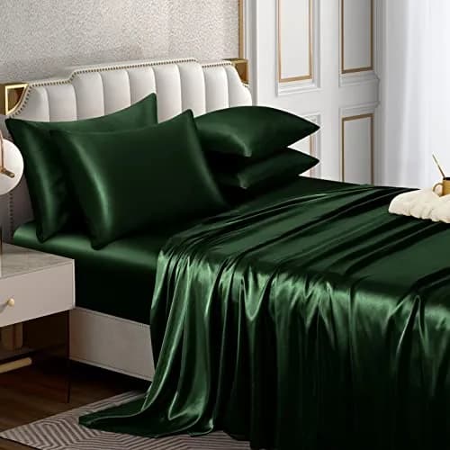 Horbaunal 6 Piece Queen Satin Sheet Set Emerald Green | 203cm x 152cm (80" x 60") + 4 Pillowcases 51cm x 76cm (20" x 30") thumbnail 1