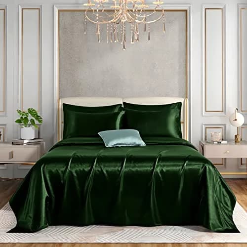 Horbaunal 6 Piece Queen Satin Sheet Set Emerald Green | 203cm x 152cm (80" x 60") + 4 Pillowcases 51cm x 76cm (20" x 30") thumbnail 2