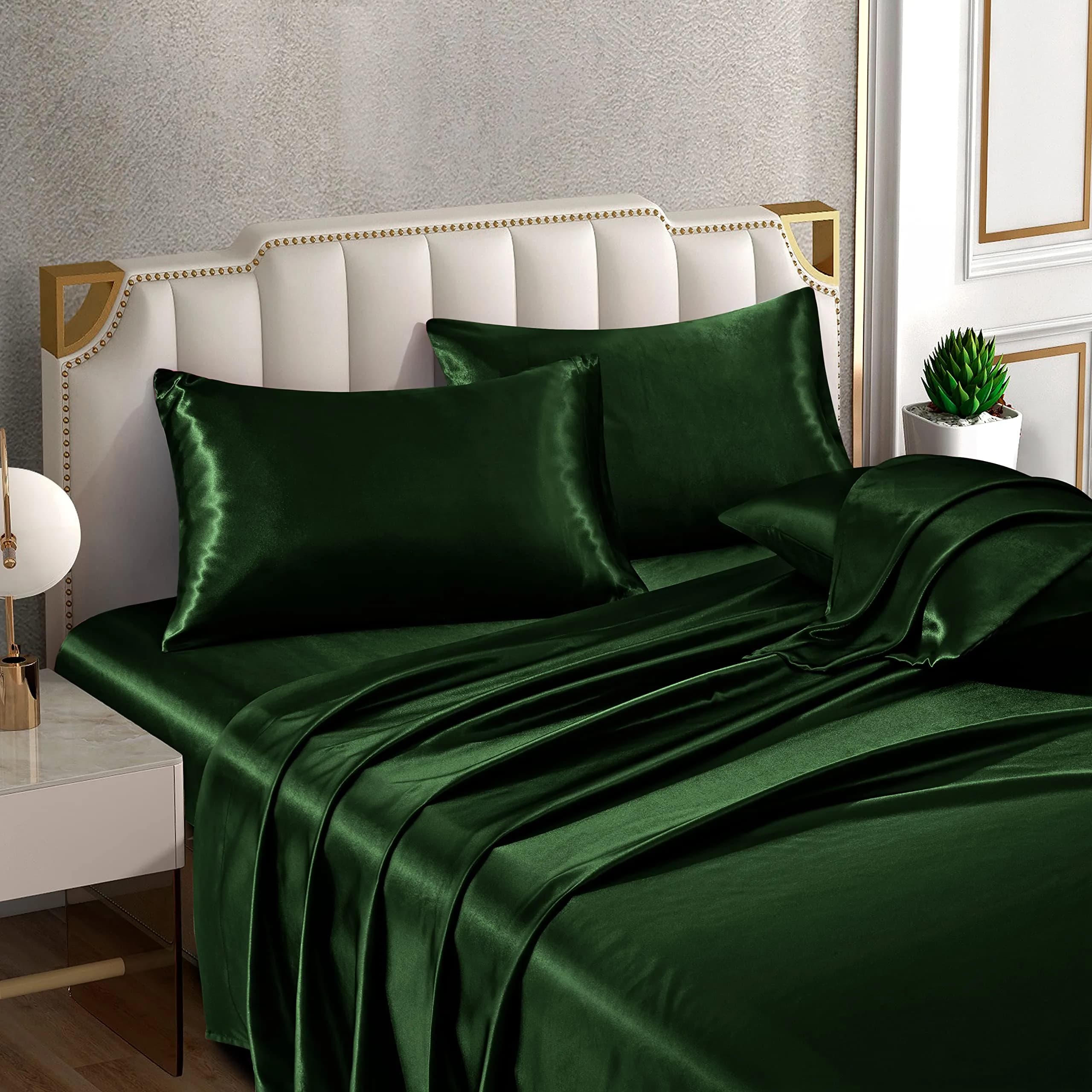 Horbaunal 6 Piece Queen Satin Sheet Set Emerald Green | 203cm x 152cm (80" x 60") + 4 Pillowcases 51cm x 76cm (20" x 30") - view 3