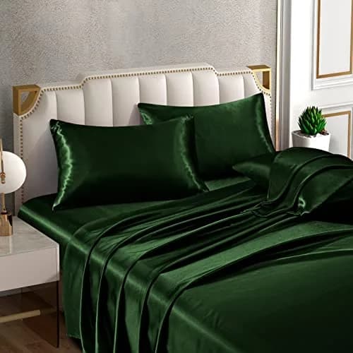 Horbaunal 6 Piece Queen Satin Sheet Set Emerald Green | 203cm x 152cm (80" x 60") + 4 Pillowcases 51cm x 76cm (20" x 30") thumbnail 3