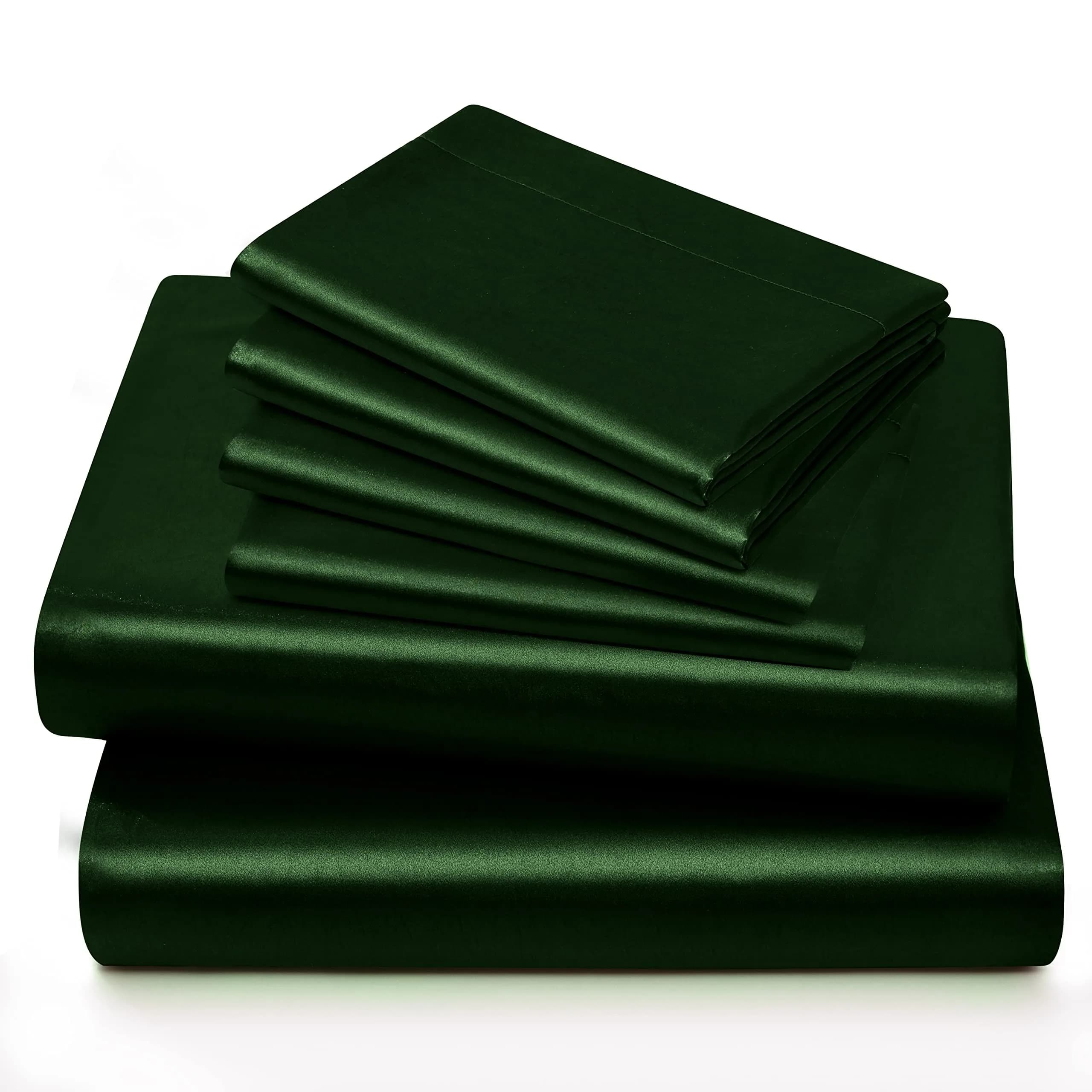 Horbaunal 6 Piece Queen Satin Sheet Set Emerald Green | 203cm x 152cm (80" x 60") + 4 Pillowcases 51cm x 76cm (20" x 30") - view 4