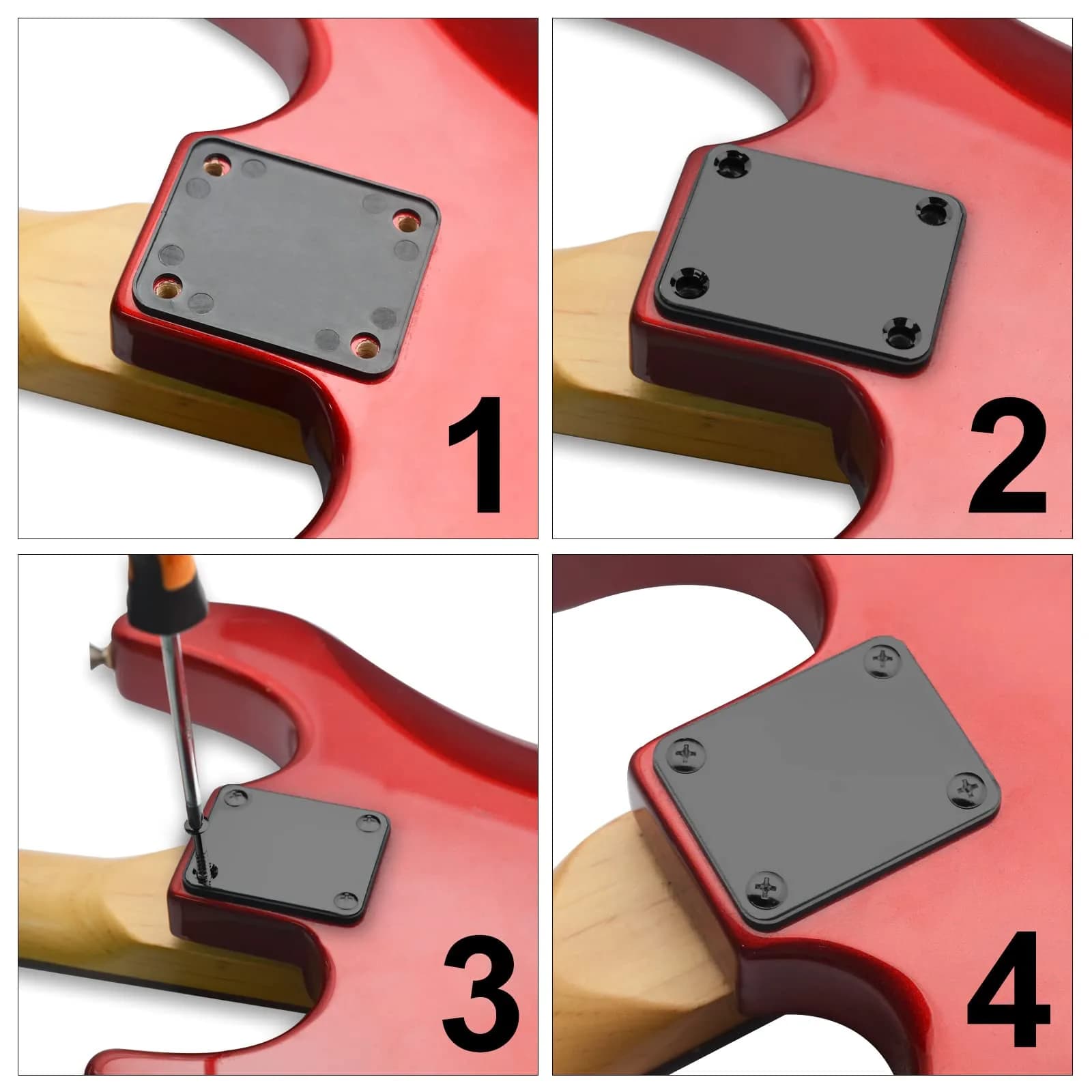 MAXCHEER Black Electric Bass Guitar Neck Plate with Screws | 64.5mm x 51.2mm - view 2