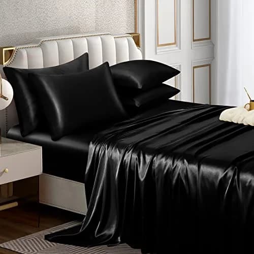 Horbaunal Black 6 Piece Satin Sheet Set Queen Size, 244cm x 274cm (102" x 90") Flat Sheet | Silky Soft Luxury Bedding thumbnail 1
