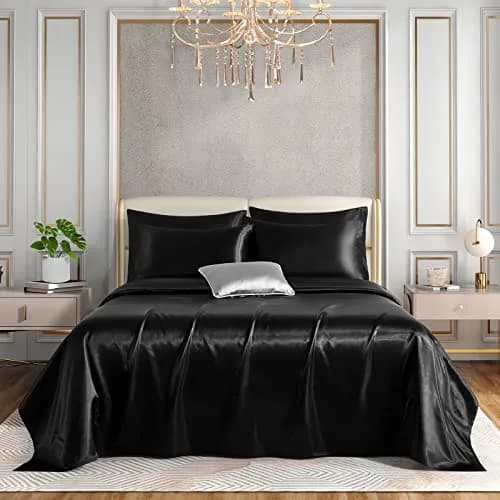 Horbaunal Black 6 Piece Satin Sheet Set Queen Size, 244cm x 274cm (102" x 90") Flat Sheet | Silky Soft Luxury Bedding thumbnail 2
