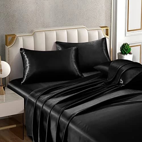 Horbaunal Black 6 Piece Satin Sheet Set Queen Size, 244cm x 274cm (102" x 90") Flat Sheet | Silky Soft Luxury Bedding thumbnail 3