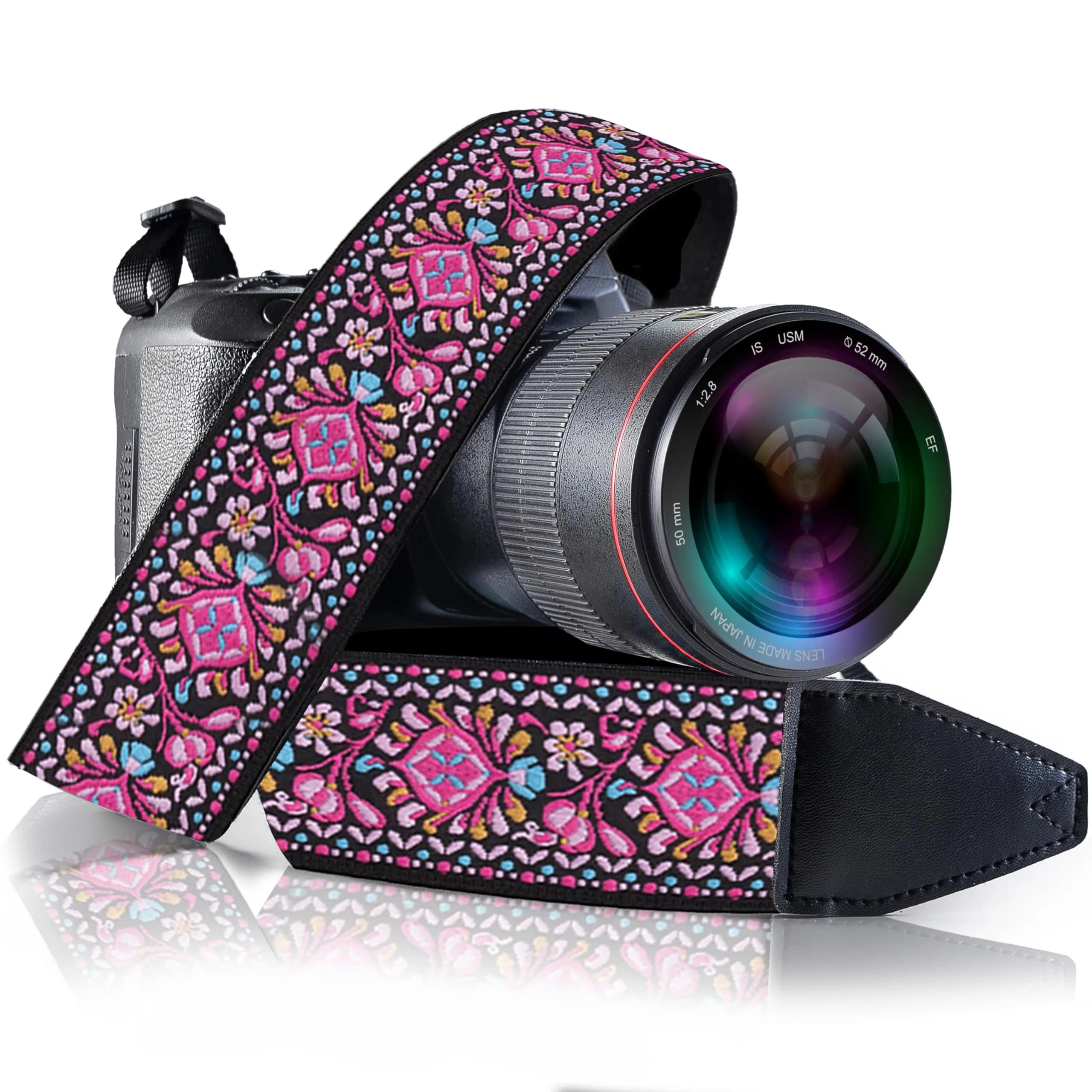 Art Tribute Embroidered Cotton & Leather Camera Strap Pink | Padded Neck, Shoulder & Crossbody for All Cameras