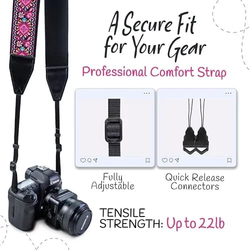 Art Tribute Embroidered Cotton & Leather Camera Strap Pink | Padded Neck, Shoulder & Crossbody for All Cameras thumbnail 4