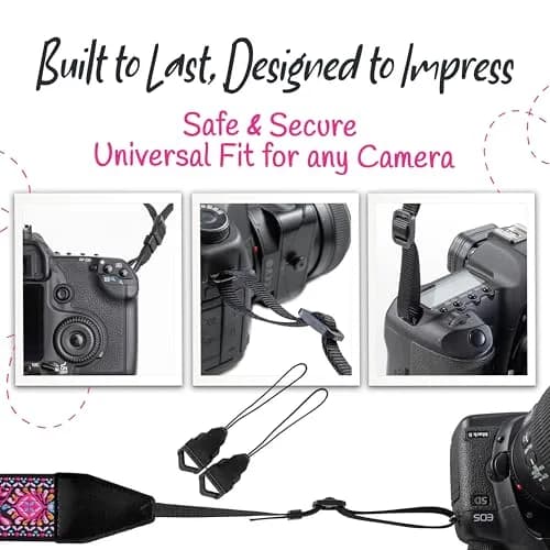 Art Tribute Embroidered Cotton & Leather Camera Strap Pink | Padded Neck, Shoulder & Crossbody for All Cameras thumbnail 7
