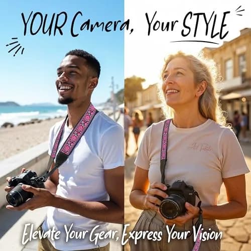 Art Tribute Embroidered Cotton & Leather Camera Strap Pink | Padded Neck, Shoulder & Crossbody for All Cameras thumbnail 2