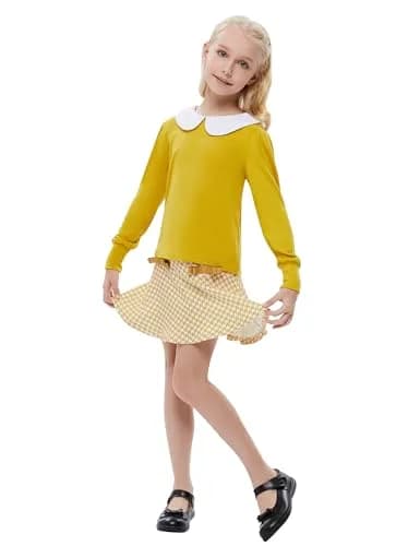 LIONJIE Girl's Yellow Skirt Sets Fall Clothes 2Pcs Outfit Long Sleeve Peter Pan Collar Tops Houndstooth Ruffle Mini Skirts Suit | Stylish, Breathable Cotton, 9-10 Years thumbnail 4