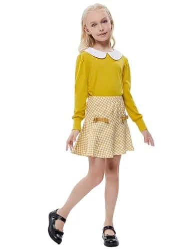 LIONJIE Girl's Yellow Skirt Sets Fall Clothes 2Pcs Outfit Long Sleeve Peter Pan Collar Tops Houndstooth Ruffle Mini Skirts Suit | Stylish, Breathable Cotton, 9-10 Years thumbnail 2