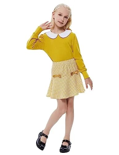 LIONJIE Girl's Yellow Skirt Sets Fall Clothes 2Pcs Outfit Long Sleeve Peter Pan Collar Tops Houndstooth Ruffle Mini Skirts Suit | Stylish, Breathable Cotton, 9-10 Years thumbnail 3