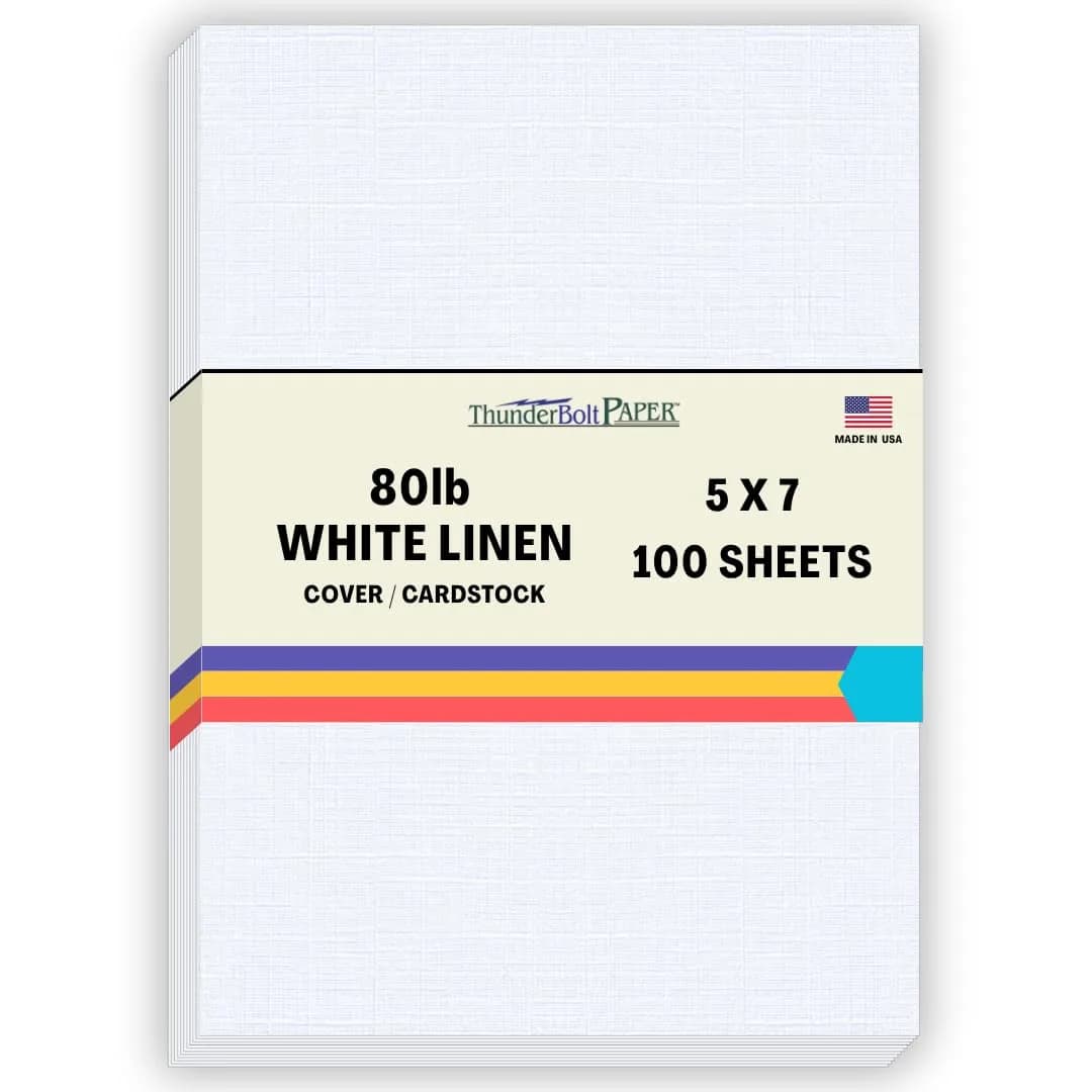 ThunderBolt Paper 100 Bright White Linen Cover Sheets 5" X 7" | Premium Textured Cardstock for Invitations & Menus