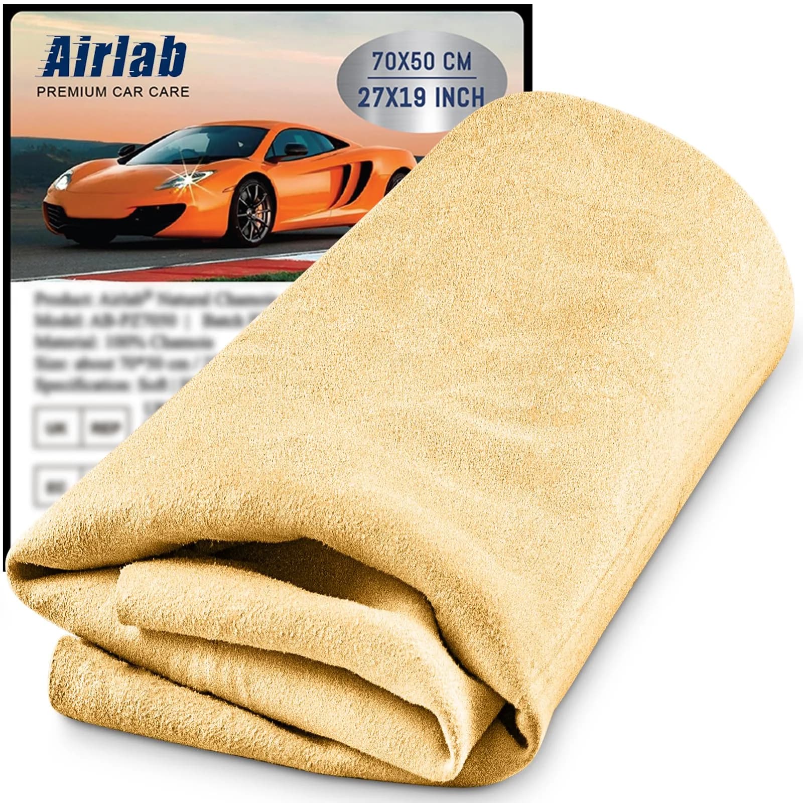 Airlab Chamois Cloth for Car 20'' x 27.6'' | Ultra Absorbent Leather Shammy Towel (70-120c)