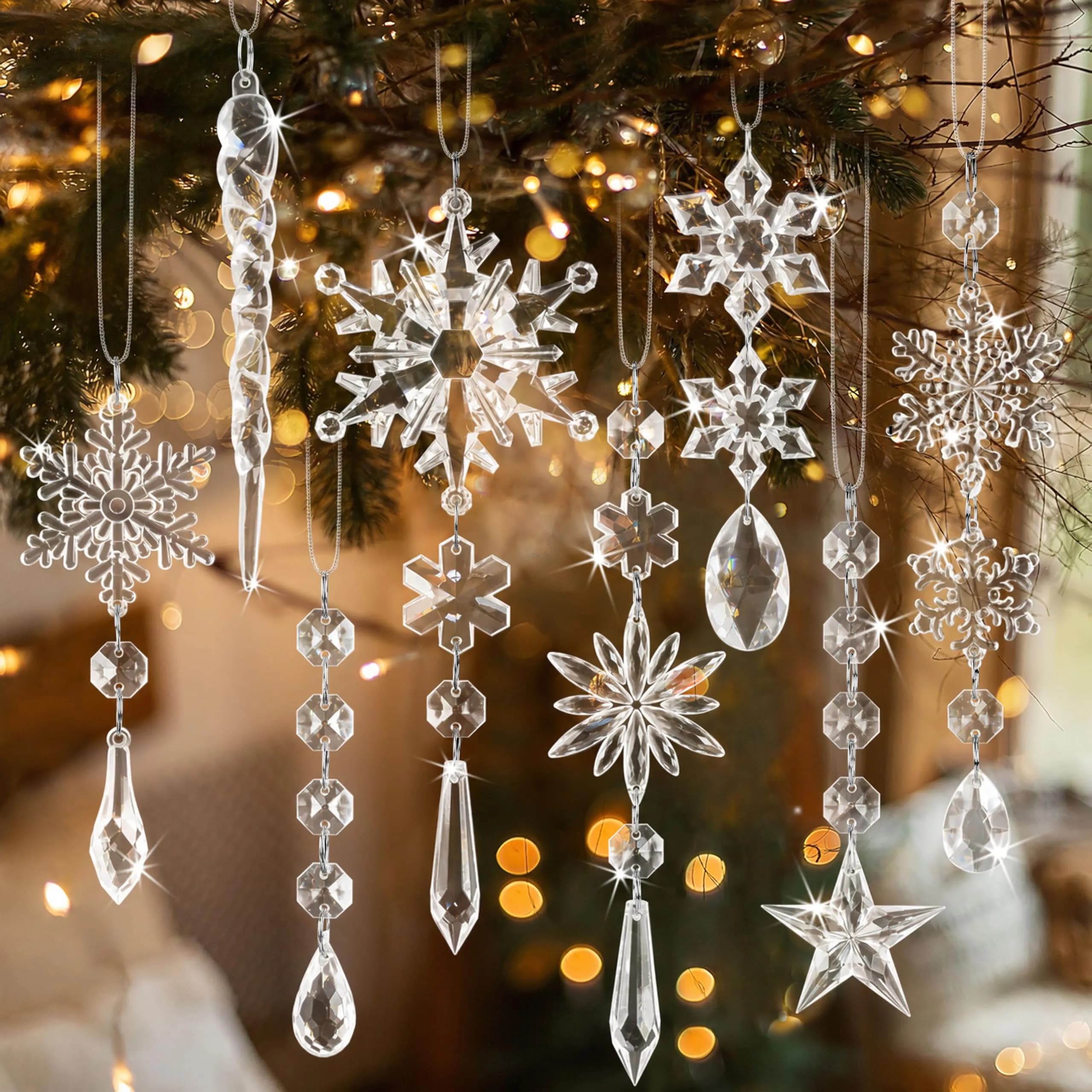 GuassLee Crystal Ornaments for Christmas Tree Winter Wonderland Decorations 20 pcs (18 Count) | Shatterproof Acrylic Hanging Pendants