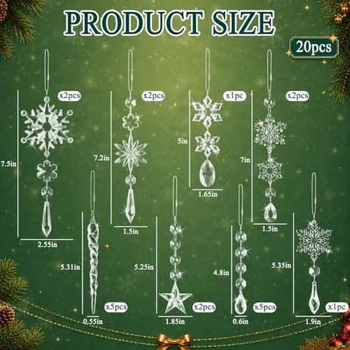 GuassLee Crystal Ornaments for Christmas Tree Winter Wonderland Decorations 20 pcs (18 Count) | Shatterproof Acrylic Hanging Pendants thumbnail 3