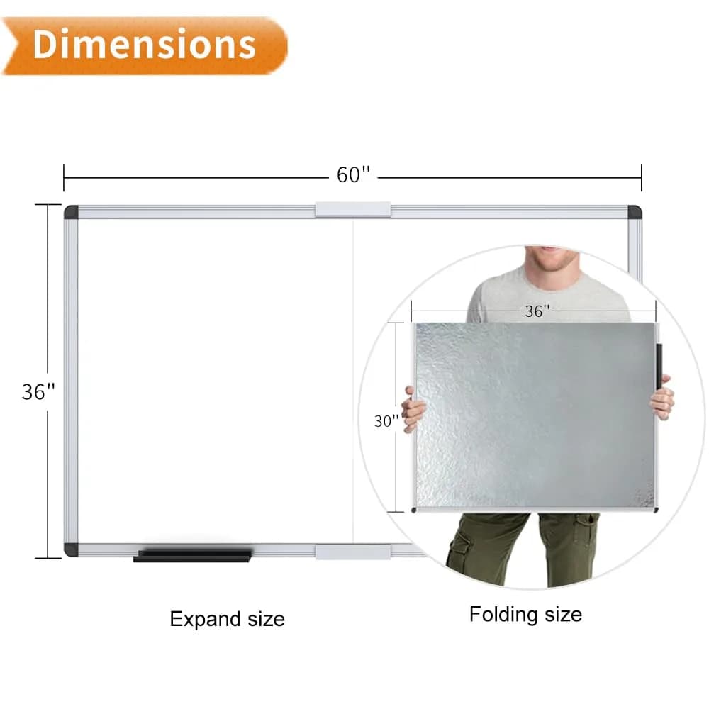 VIZ-PRO Magnetic Dry Erase Board, 60 x 36 Inches, Foldable Wall-Mounted Whiteboard with Silver Aluminum Frame & Marker Tray | Smooth Writing Surface for Office & Home - view 2