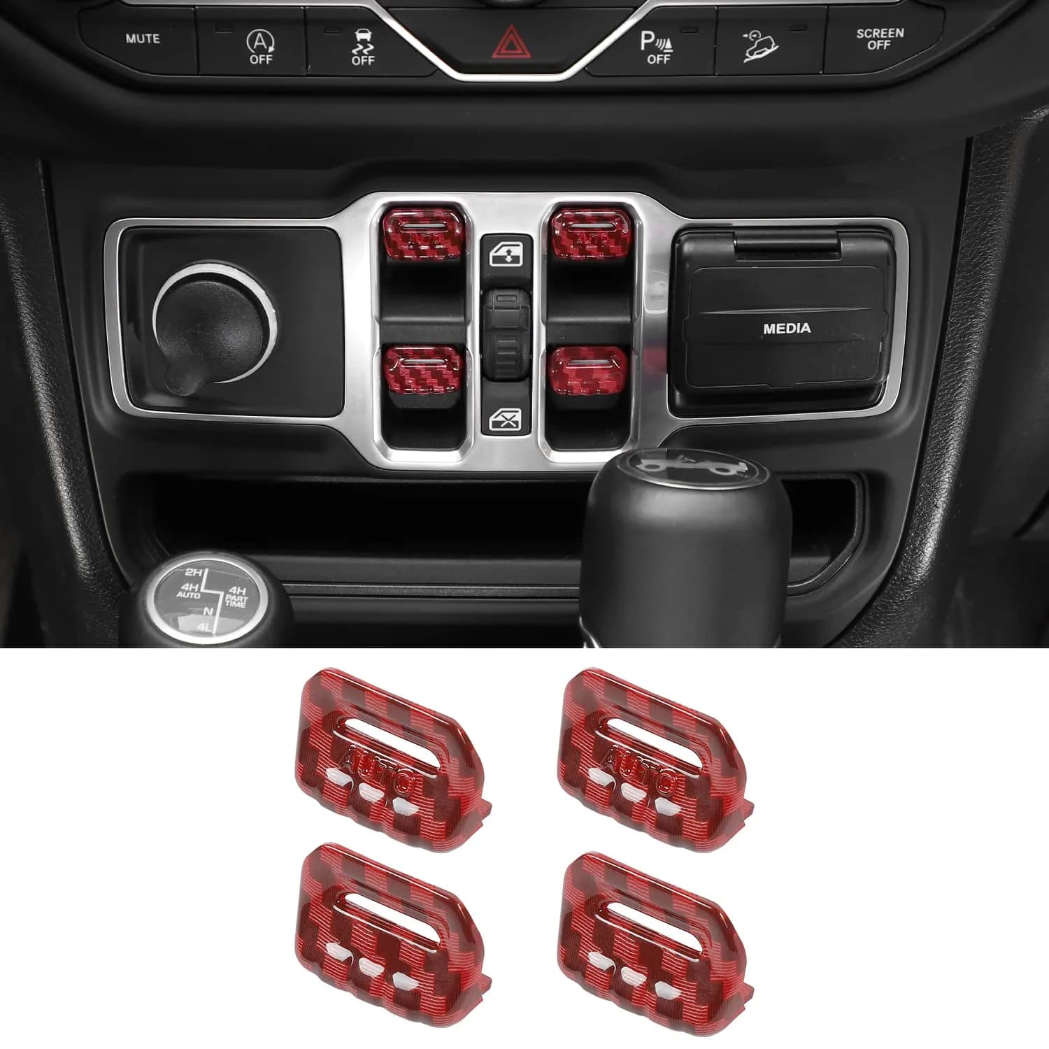Jimen Compatible with Jeep Wrangler JL JLU 2018-2023 & Gladiator JT 2020-2023, 4PCS Red Carbon Fiber Interior Switch Cover — Red Carbon Fiber