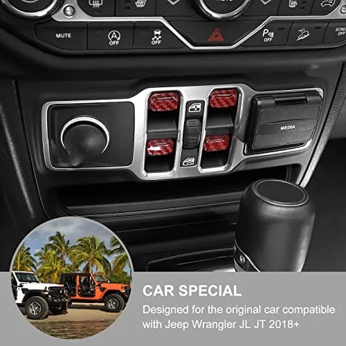 Jimen Compatible with Jeep Wrangler JL JLU 2018-2023 & Gladiator JT 2020-2023, 4PCS Red Carbon Fiber Interior Switch Cover thumbnail 2