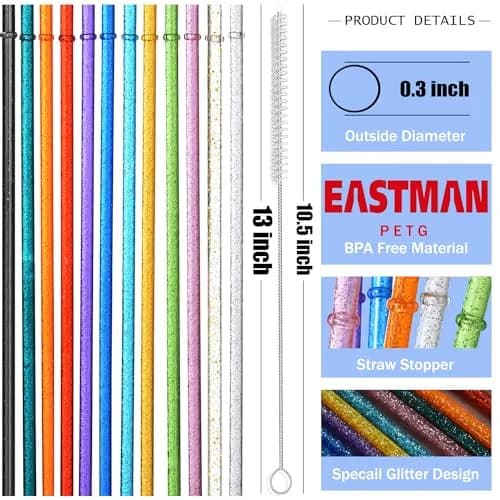 ALINK 12-Pack Glitter Reusable Hard Plastic Tumbler Straws 33cm (13 inch) | Extra Long for Gallon Jugs thumbnail 2