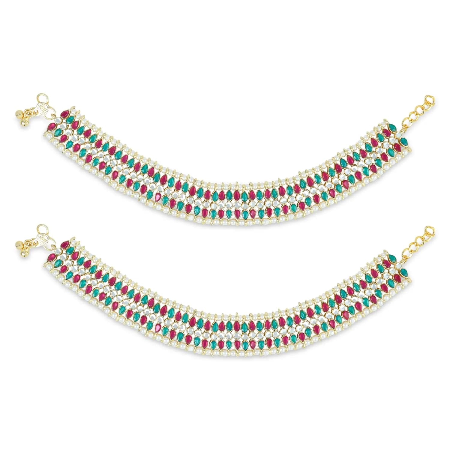 I Jewels Gold Plated Kundan Pearl Payal Anklet for Women | 24cm (9.45in) with Box Chain — Multi