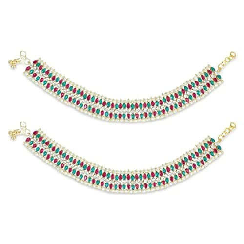 I Jewels Gold Plated Kundan Pearl Payal Anklet for Women | 24cm (9.45in) with Box Chain thumbnail 1