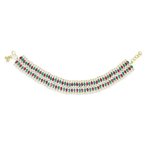 I Jewels Gold Plated Kundan Pearl Payal Anklet for Women | 24cm (9.45in) with Box Chain thumbnail 2