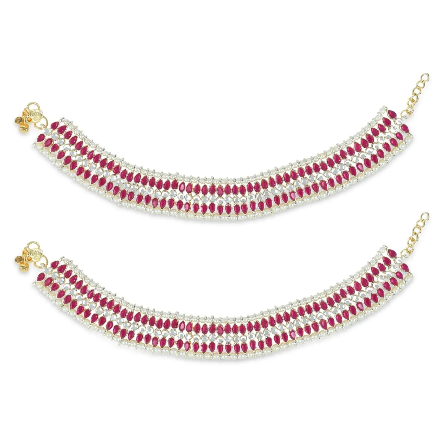 I Jewels Gold Plated Kundan Pearl Anklet for Women | 24cm (9.45in) with Lobster Claw Clasp — Pink