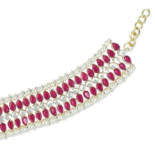 I Jewels Gold Plated Kundan Pearl Anklet for Women | 24cm (9.45in) with Lobster Claw Clasp thumbnail 4