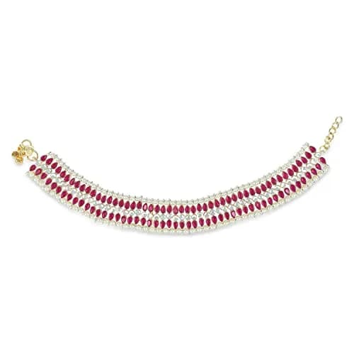 I Jewels Gold Plated Kundan Pearl Anklet for Women | 24cm (9.45in) with Lobster Claw Clasp thumbnail 2