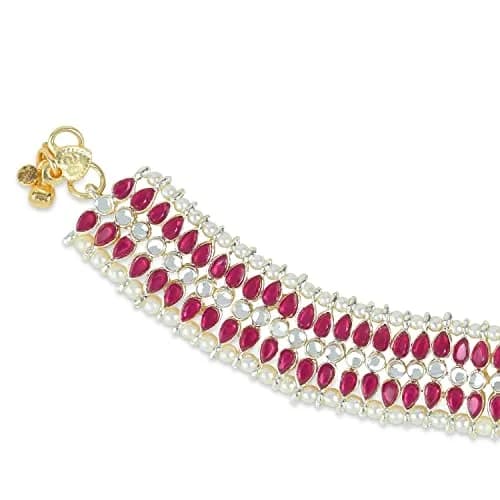 I Jewels Gold Plated Kundan Pearl Anklet for Women | 24cm (9.45in) with Lobster Claw Clasp thumbnail 3