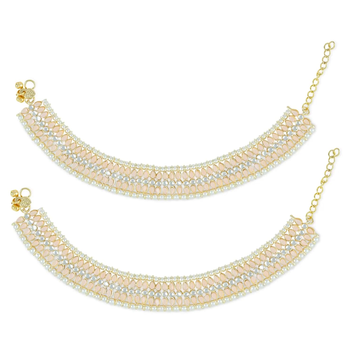 I Jewels Gold Plated Kundan Pearl Anklet for Women | 24cm (9.45 inches) Length, 2cm (0.79 inches) Width — Peach