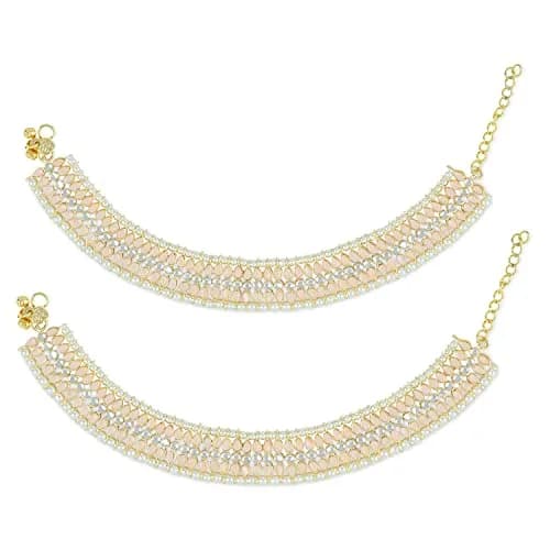 I Jewels Gold Plated Kundan Pearl Anklet for Women | 24cm (9.45in) with Lobster Claw Clasp thumbnail 1