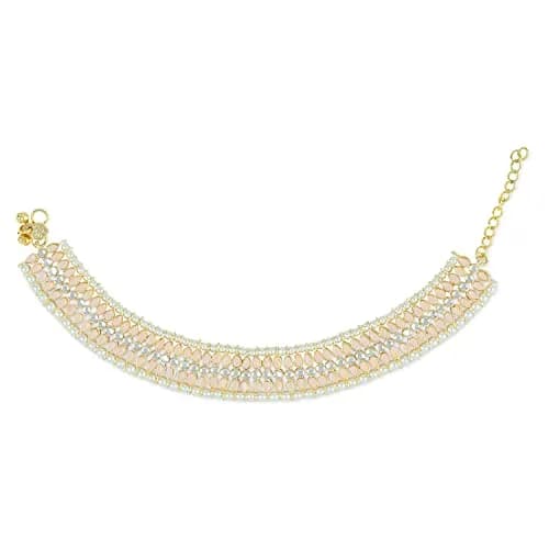 I Jewels Gold Plated Kundan Pearl Anklet for Women | 24cm (9.45in) with Lobster Claw Clasp thumbnail 2
