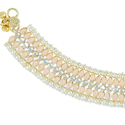 I Jewels Gold Plated Kundan Pearl Anklet for Women | 24cm (9.45in) with Lobster Claw Clasp thumbnail 3